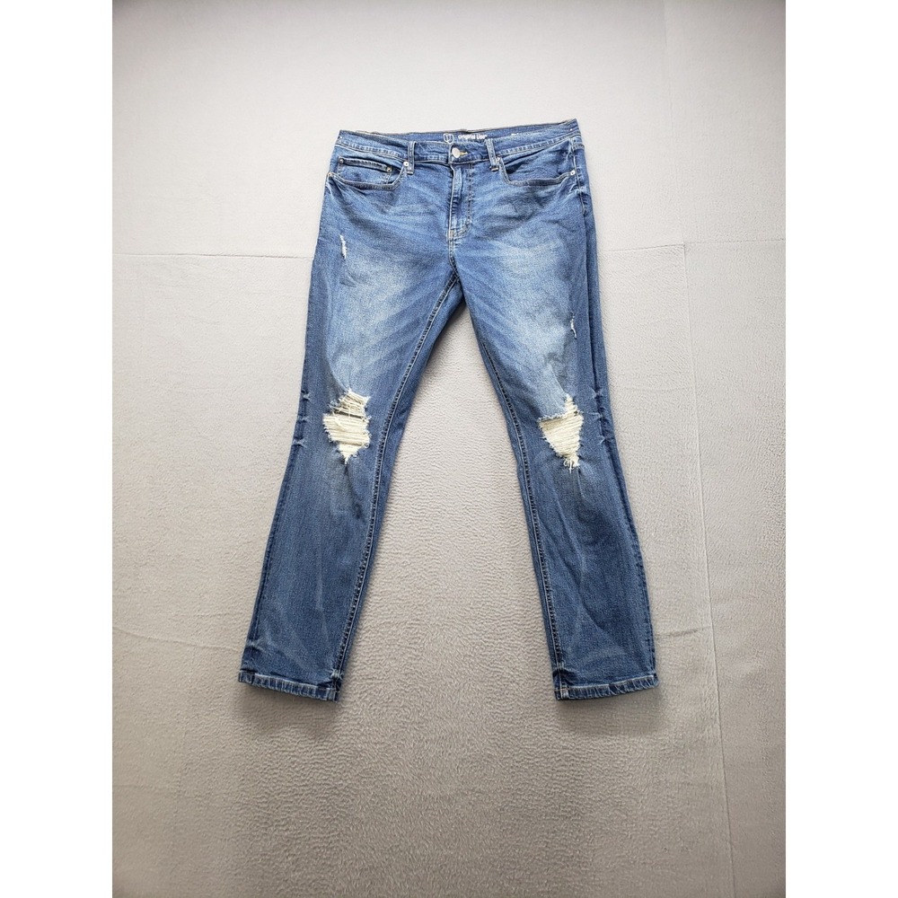 Original Use Men Jeans 36x32 Blue Zip Button 5 Pockets Distressed Stretch Casual